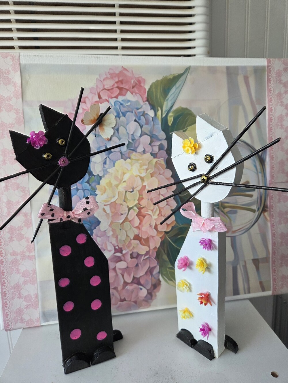 2 Handmade Wooden Cat Figurine Pair - Black & White with Pink Accents 9 In